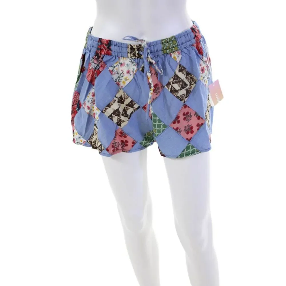 Warm Womens Cotton Patchwork Drawstring Waist Mid-Rise Casual Shorts Blue Size 1